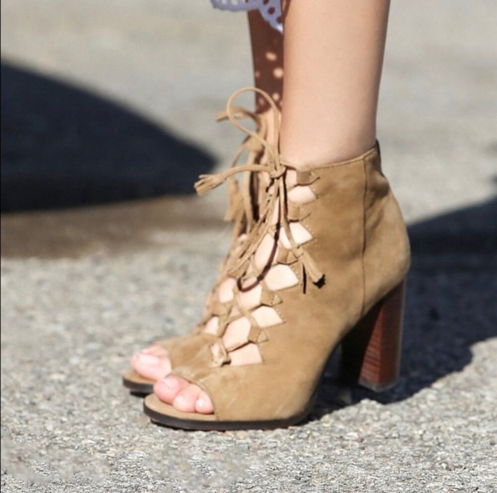Frye Womens Tan Suede Gabby Ghillie Shooties Sz 7 Peep Toe Lace-Up Festival Boho